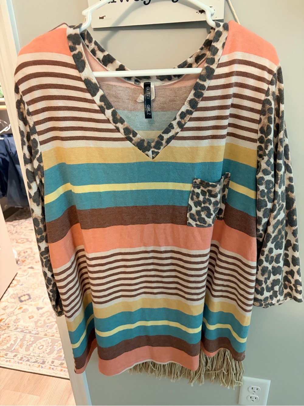 Striped V-Neck Top with Leopard Trim - Coral/Blue/Yellow